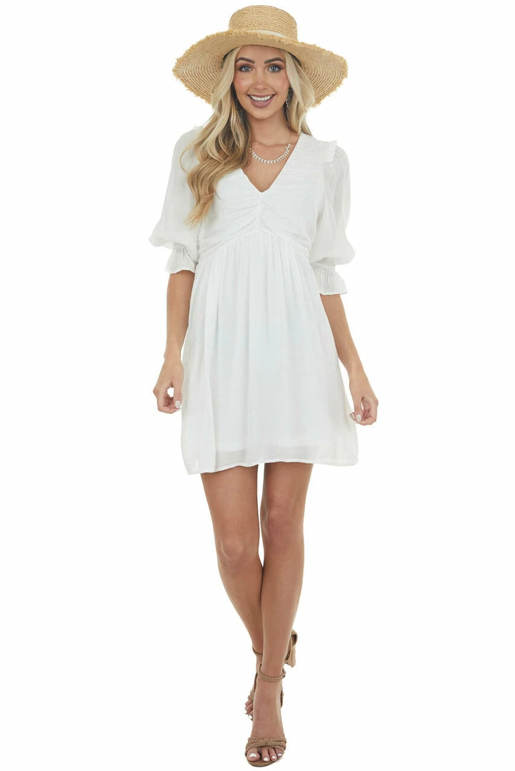 Umgee Ivory Half Sleeve Ruched V Neck Short Dress Dresses 12 Umgee Ivory Half Sleeve Ruched V Neck Short Dress Dresses