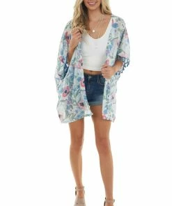 Jodifl Tops Dusty Blue Floral Chiffon Open Front Kimono