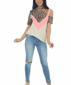 143 Story Beige And Neon Pink Leopard Print Top Tops