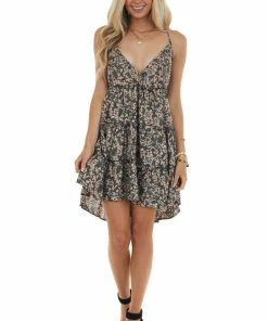 ANGIE Black Floral Print Sleeveless Dress