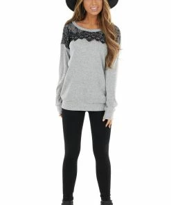 Lime Lush Tops Heathered Grey Long Sleeve Knit Top With Black Lace Details