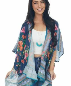 Umgee Tops Navy Floral Short Sleeve Open Front Kimono