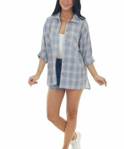 She + Sky Dusty Blue Plaid Front Knot Button Down Shirt Tops