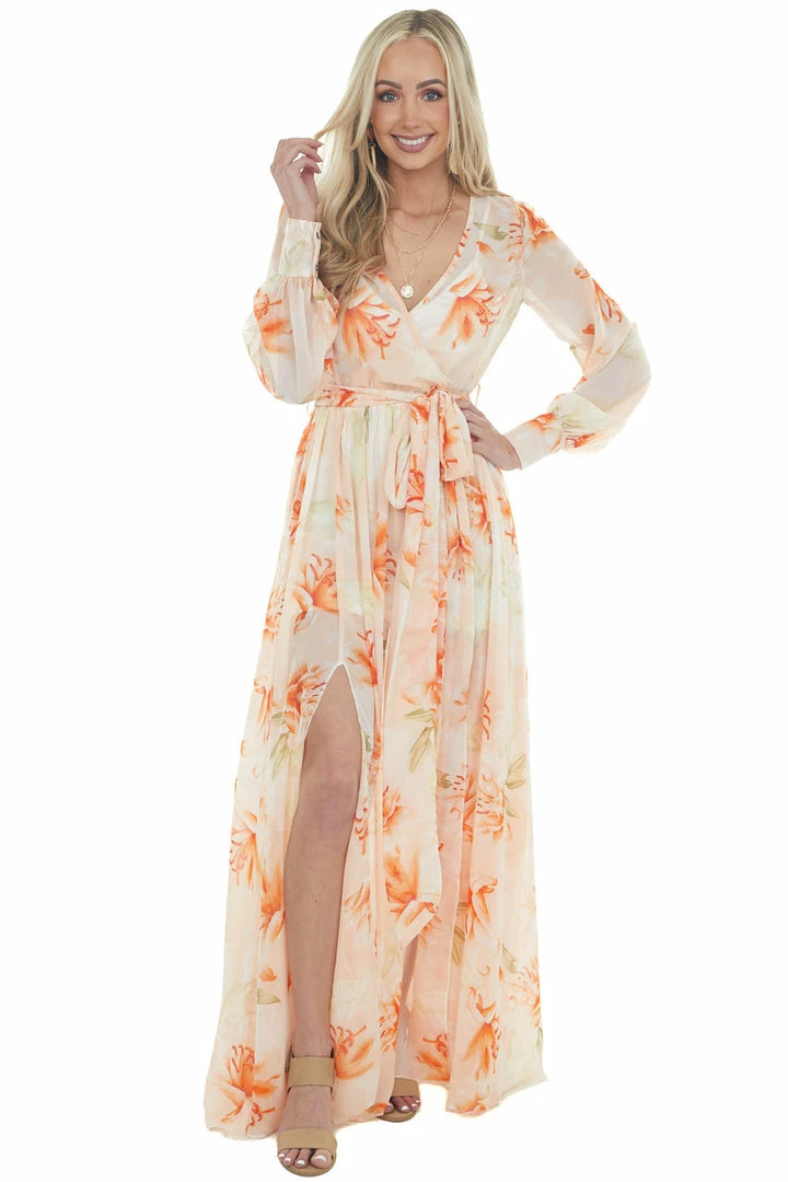 Bighit Fashion Light Peach Floral Print Long Sleeve Sheer Woven Maxi Dress Dresses 16 Bighit Fashion Light Peach Floral Print Long Sleeve Sheer Woven Maxi Dress Dresses