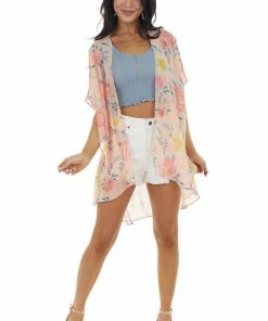 AND THE WHY Pale Coral Floral Print Lightweight Flowy Chiffon Kimono Tops