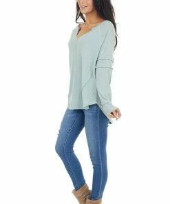 143 Story Tops Seafoam Waffle Knit Notch Neck Top With Reverse Seam Details