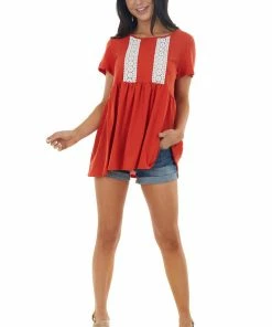 AND THE WHY Rust Short Sleeve Top With Lace Detail 14 AND THE WHY Rust Short Sleeve Top With Lace Detail