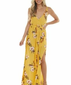 ROKOKO Dresses Canary Yellow Floral And Polka Dot Print Maxi Dress