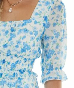 Peach Love Ivory And Cornflower Floral Print Mini Dress Dresses