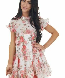 Bighit Fashion Ivory Floral Print Babydoll Short Dress With Short Sleeves Dresses
