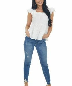 Entro Ivory Square Neck Ruffle Tiered Blouse Tops