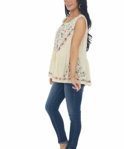 Umgee Tops Buttercream Floral Embroidered Drop Waist Top