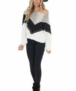 CY Fashion Black And White Long Sleeve Top With Animal Print Contrast Tops