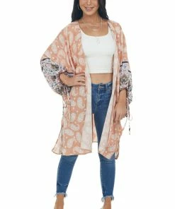 Entro Tops Melon Floral Paisley Print 1/2 Sleeve Kimono 31 Entro Tops Melon Floral Paisley Print 1/2 Sleeve Kimono
