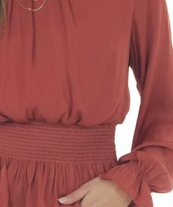 She + Sky Marsala Smocked Waist Bubble Sleeve Peplum Top Tops