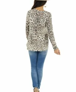BiBi Cream And Charcoal Leopard Print Long Sleeve Babydoll Top Tops