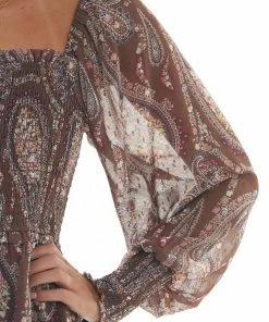 143 Story Mocha Paisley Print Smocked Woven Short Dress Dresses