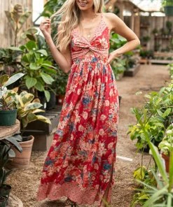 ANGIE Raspberry Floral Print Sleeveless Maxi Dress