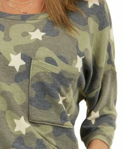 Entro Tops Olive Camo And Star Print Short Sleeve Top With Front Pocket