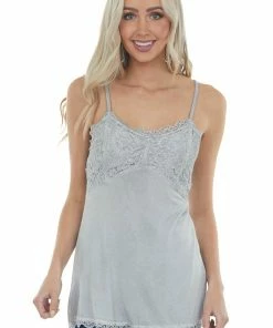 POL Clothing Steel Grey Sleeveless Cami Top With Floral Lace Bust And Hem