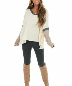 CY Fashion Tops Cream And Mauve Colorblock Long Sleeve Waffle Knit Top