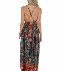 Dress Day Navy And Red Floral Print Backless Maxi Dress Dresses