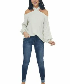 143 Story Tops Cream Glittery Halter Cold Shoulder Top