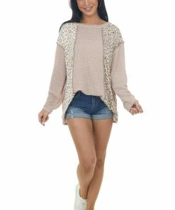 BiBi Tops Rich Latte Leopard Colorblock Waffle Knit Top 25 BiBi Tops Rich Latte Leopard Colorblock Waffle Knit Top