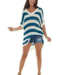 La Miel Tops Off White And Sea Blue Striped Loose Knit Top