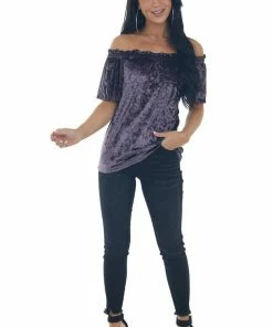 ANGIE Tops Violet Velvet Frilled Off The Shoulder Top