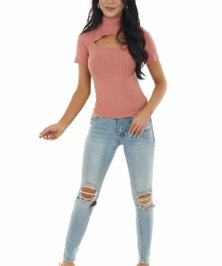 Peach Love Light Terracotta Chest Cut Out Mock Neckline Ribbed Knit Top Tops