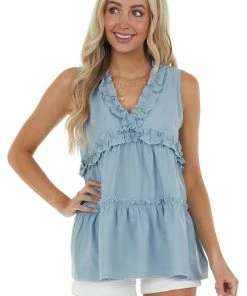 AND THE WHY Slate Blue Sleeveless Top With Ruffle Details Tops