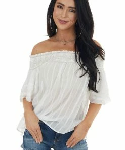 HYFVE Pearl And Beige Smocked Neckline Off The Shoulder Blouse