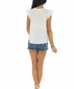 Grade & Gather Tops Off White Cap Sleeve Notch Neckline Top With Pintuck Detail