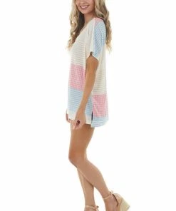 Lovely J Ivory Multicolor Striped Knit Top With Short Kimono Sleeves