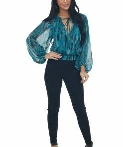 Peach Love Tops Sea Blue Abstract Print Metallic Thread Blouse