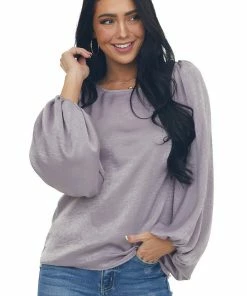 Peach Love Faded Lavender Bubble Sleeve Cowl Back Blouse