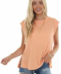 Ces Femme Salmon Short Sleeve Knit Top With Side Slits Tops