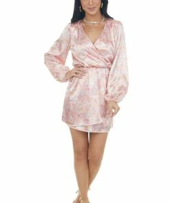 Peach Love Blush Paisley Surplice V Neck Satin Dress Dresses 30 Peach Love Blush Paisley Surplice V Neck Satin Dress Dresses
