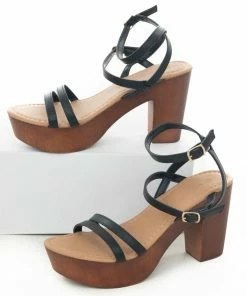 Tangelo Black Strappy Platform Clog Heels With Buckles Shoes
