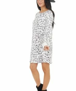 Shiying Fashion Dresses White Leopard Print Long Sleeve Mini Dress With Solid Cuff