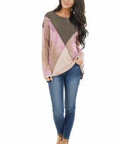 BiBi Tops Taupe And Blush Colorblock Long Sleeve Top With Tie Dye 27 BiBi Tops Taupe And Blush Colorblock Long Sleeve Top With Tie Dye