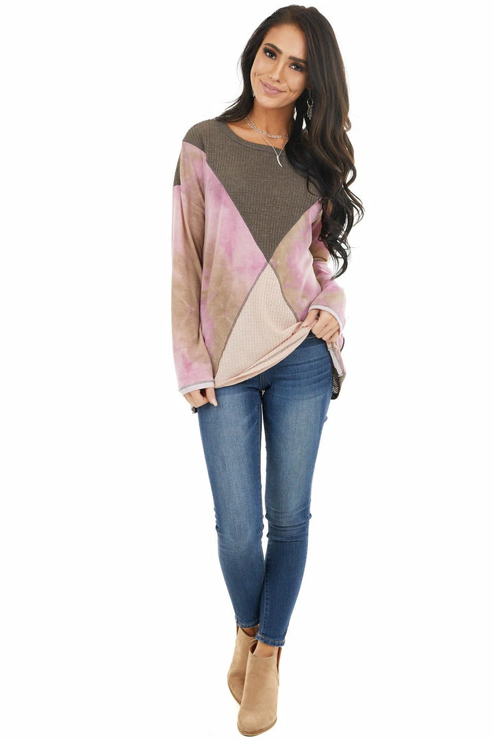 BiBi Tops Taupe And Blush Colorblock Long Sleeve Top With Tie Dye 12 BiBi Tops Taupe And Blush Colorblock Long Sleeve Top With Tie Dye