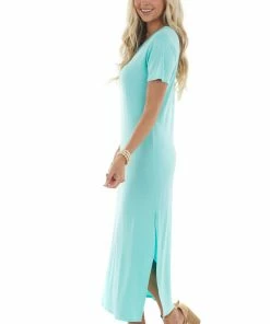 HEIMISH Aquamarine Criss Cross V Neck Knit Maxi Dress
