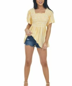 Jodifl Marigold Striped Smocked Bodice Peplum Blouse Tops