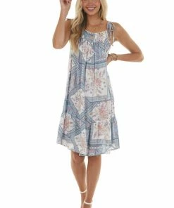 Ces Femme Powder Blue Printed Sleeveless Short Dress 14 Ces Femme Powder Blue Printed Sleeveless Short Dress