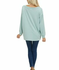 BiBi Seafoam Long Sleeve Top With Lace Up Deep V Neckline Tops 30 BiBi Seafoam Long Sleeve Top With Lace Up Deep V Neckline Tops