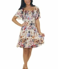 ANGIE Champagne Floral Print Smocked Short Dress