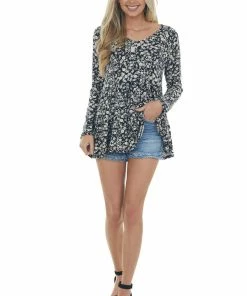 143 Story Tops Black Floral Print Tiered Super Soft Knit Top