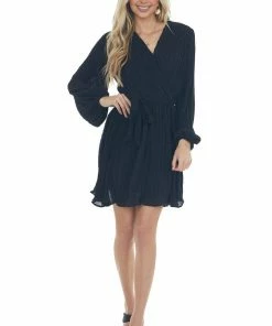 She + Sky Black Pleated Surplice Neck Waist Tie Dress 29 She + Sky Black Pleated Surplice Neck Waist Tie Dress